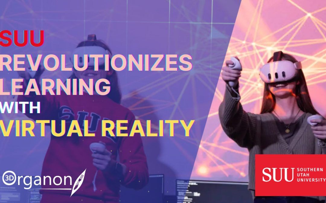Two university students wearing VR headsets engage in an anatomy lesson using 3D Organon in a classroom setting, surrounded by digital displays of human body systems.